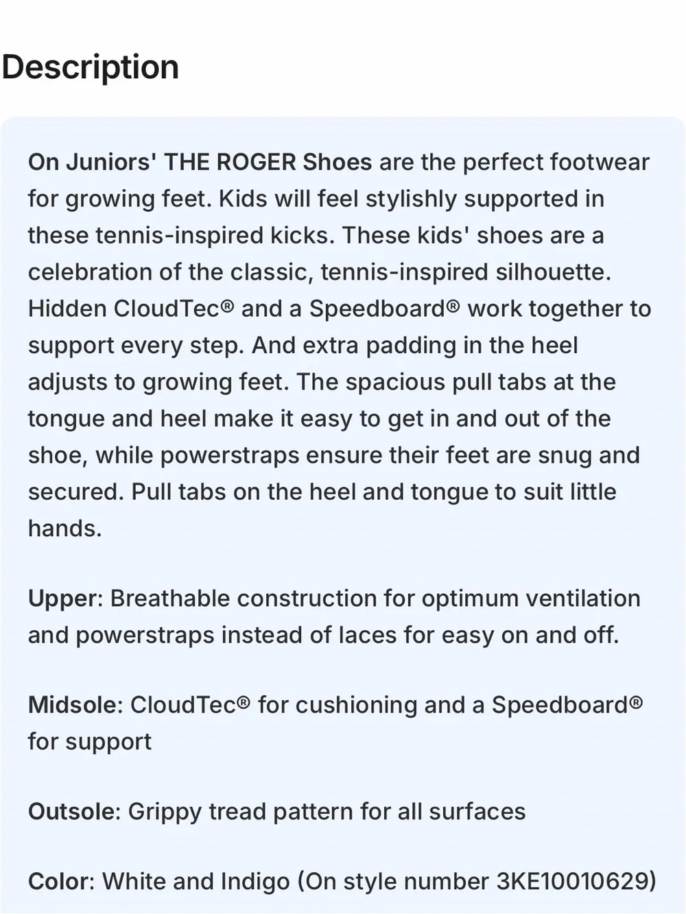 ON Juniors' The Roger Shoes White and Indigo unisex tennis shoes size 10.5